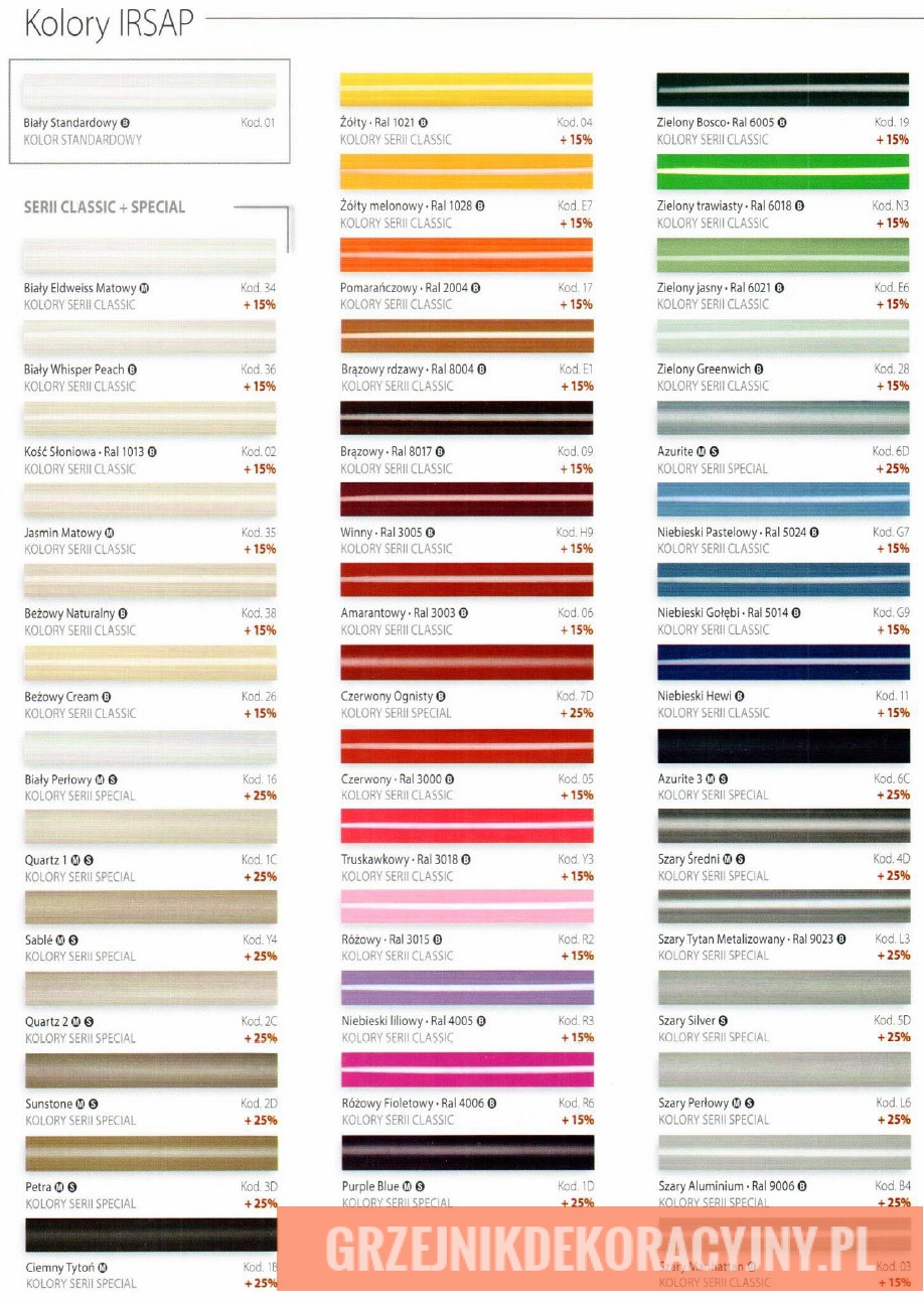 Paleta kolorów specjalnych do grzejników dekoracyjnych Irsap